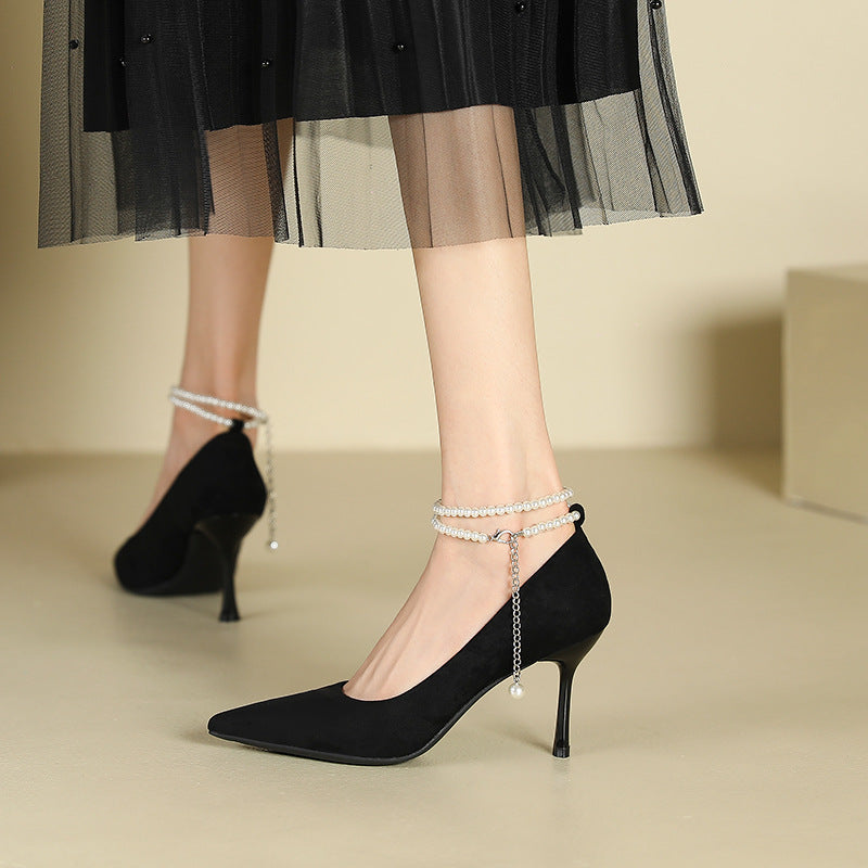 2025 811-B2 one-word pearl suede single shoes women's pointed head stiletto high heels sexy bride bridesmaid Xiuhe wedding shoes