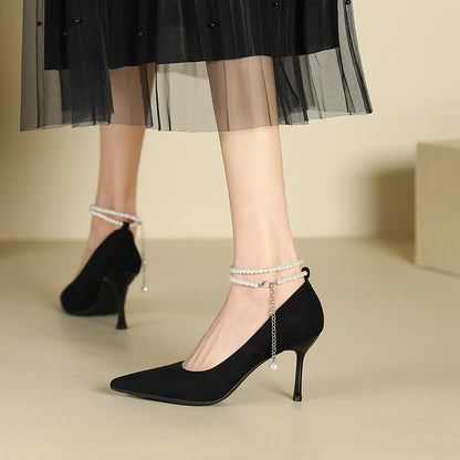 2025 811-B2 one-word pearl suede single shoes women's pointed head stiletto high heels sexy bride bridesmaid Xiuhe wedding shoes