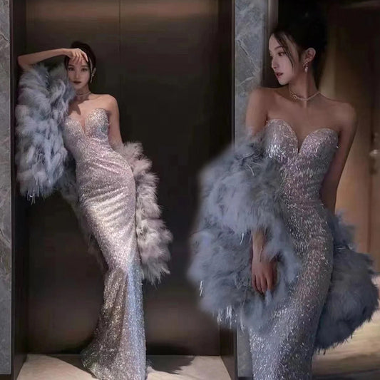 S sexy gray tube top fishtail evening dress 2025 new spring bridal toasting dress host performance wedding ceremony