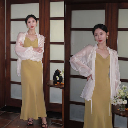 2025 popular spring and summer new Korean version high waist elegant suspender dress swing collar solid color pure desire skirt 8658