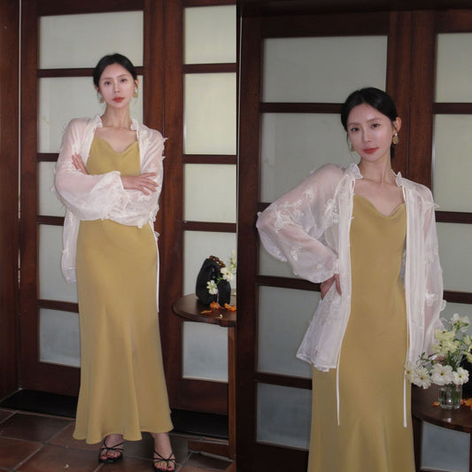 2025 popular spring and summer new Korean version high waist elegant suspender dress swing collar solid color pure desire skirt 8658