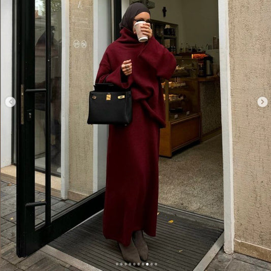 MAOXIANGSHOP 2025 Solid color knitted skirt set  New lazy loose long turtleneck sweater dress looks thin