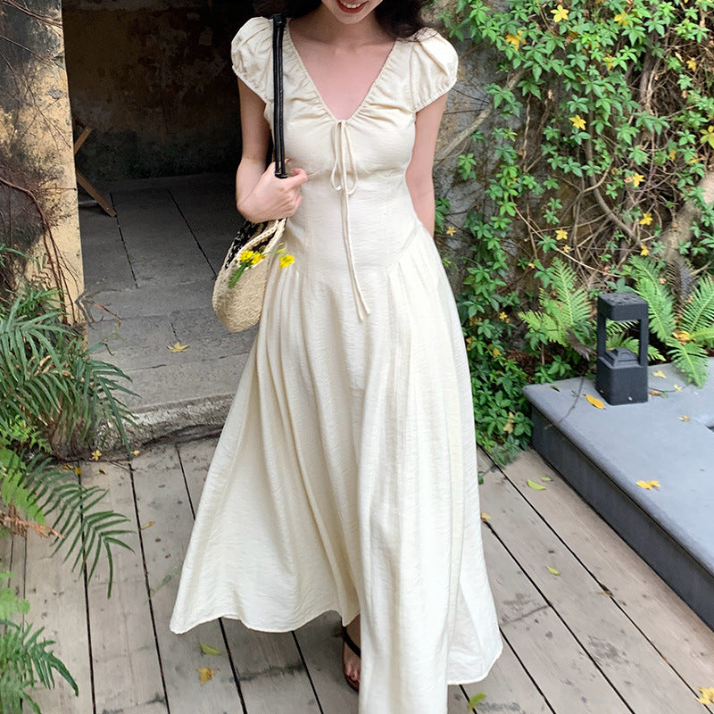 2025 Thirteen Lines  Summer New Temperament Pure Desire High Waist Lace-up Short Sleeve Dress Children 88258