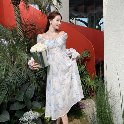 2025 Coffee break  floral dress 2025 spring new summer waist bubble sleeve temperament medium and long skirt women's clothing
