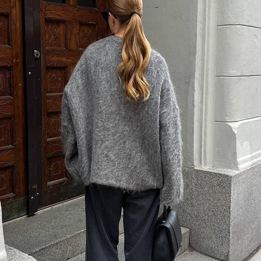 MAOXIANGSHOP 2025 Solid color V-neck knitted cardigan  New lazy knitted zipper loose long-sleeved jacket sweater cardigan
