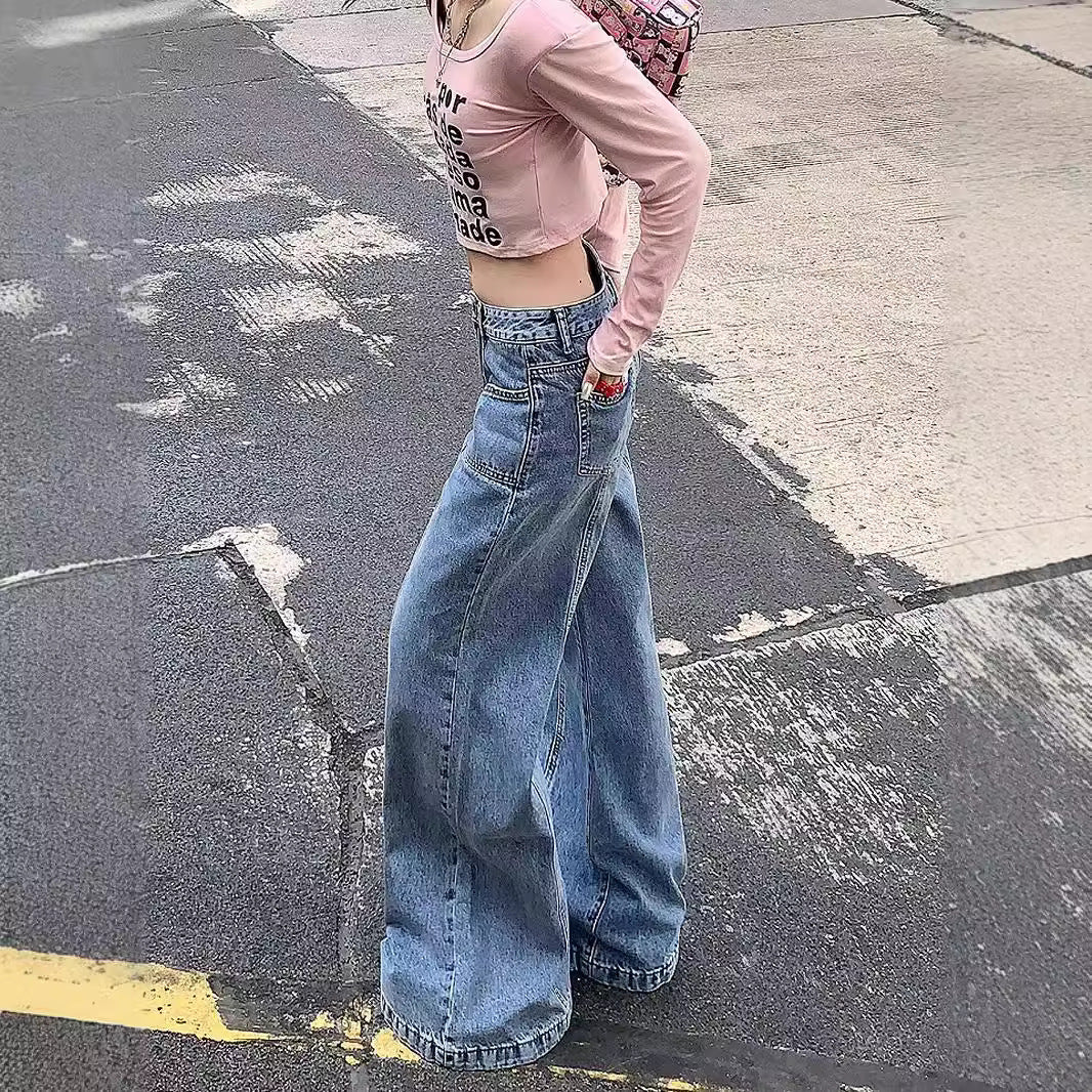 maoxiangshop outfit ideas for school Spring and Autumn 2024 New American High Waist Wide Leg Versatile Jeans Women's Loose Slimming Split Pants Fashion