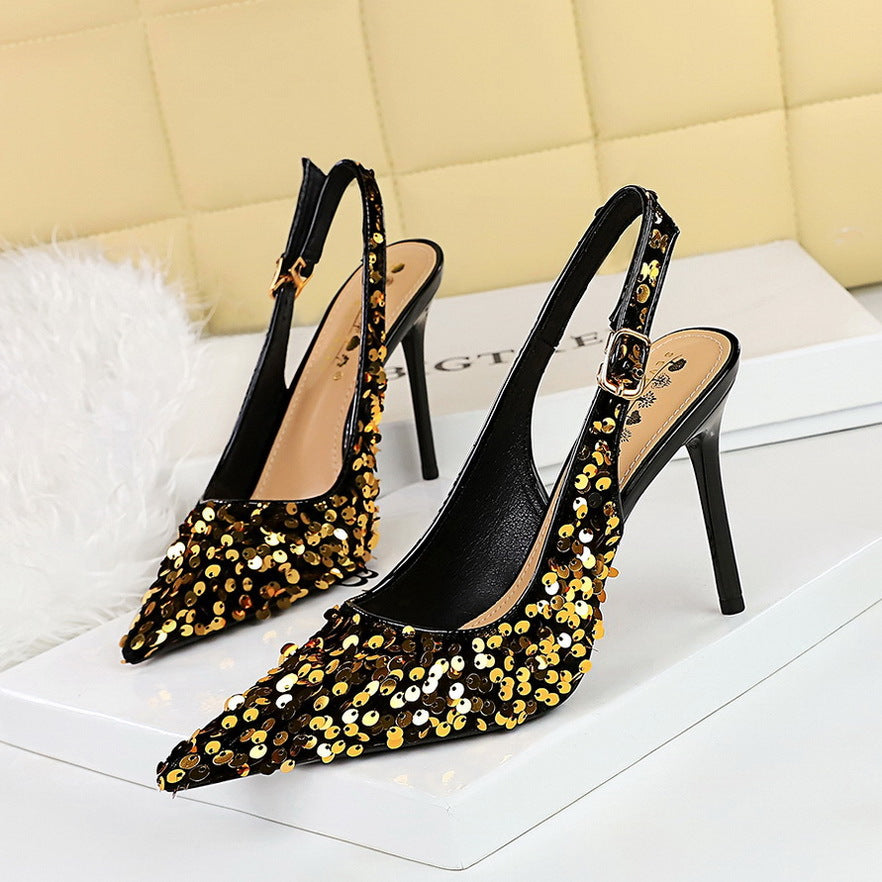 869-A22 2025 style banquet high heels women's shoes rear empty shoes shallow mouth pointed head hollow rear strap sequined single shoes