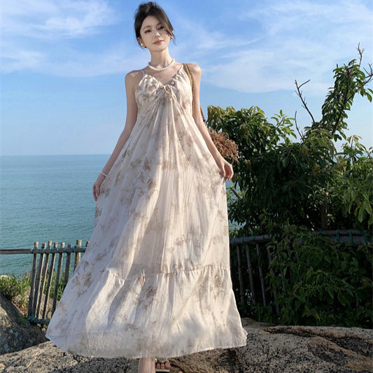 2025 New Chinese floral suspender dress for women's summer new national style temperament super fairy backless vacation beach long skirt