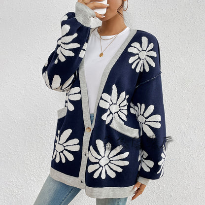 MAOXIANGSHOP New autumn and winter   new V-neck printed commuter temperament loose knitted cardigan sweater women's coat