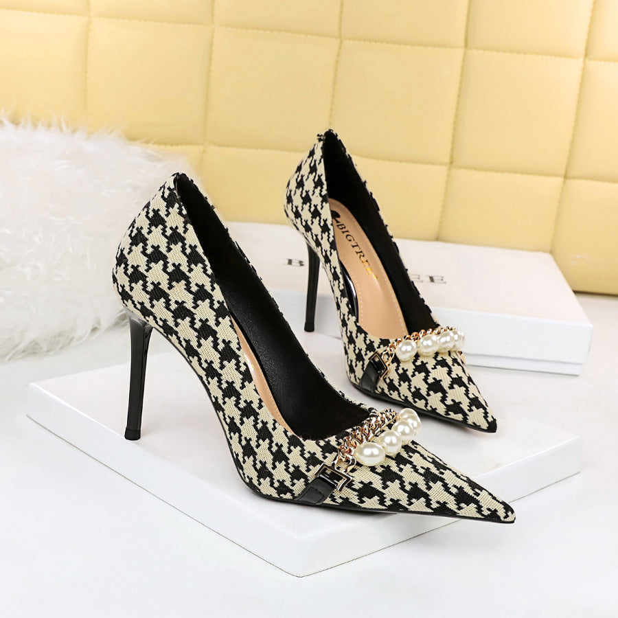 9283-1 2025 style thousand bird grid high heels thin heel high heel shallow mouth pointed pearl chain plaid pattern women's single shoes