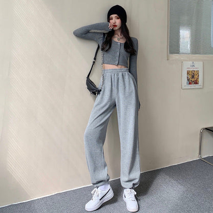 maoxiangshop-shop clothes Gray Sports Pants for Women Spring and Autumn New High Waist Loose Wide Leg Pants Ankle-Tied Sweatpants Slim Casual Pants Straight Pants