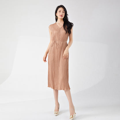 Women's clothing summer high-end wear loose large size lace-up and thin v-neck sleeveless a-word medium and long dress
