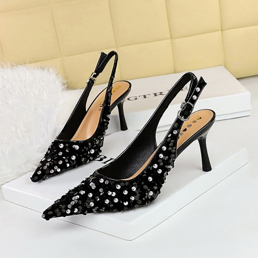 869-A22 2025 style banquet high heels women's shoes rear empty shoes shallow mouth pointed head hollow rear strap sequined single shoes