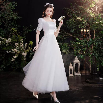 2025 satin white square neck light wedding dress simple atmosphere A style temperament elegant and thin daily wear