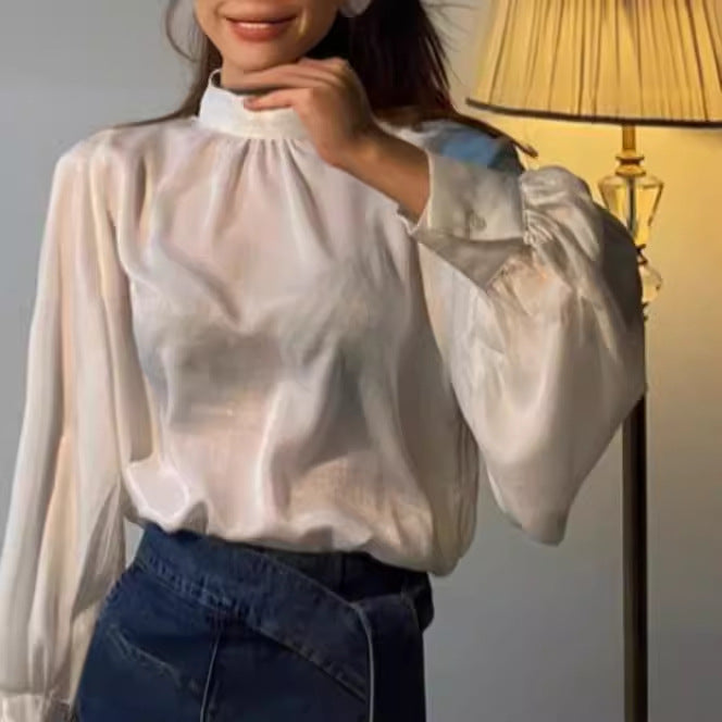 maoxiangshop 2000s fashion Spring and Autumn Korean-Style Fashionable Stand Collar Personalized All-Match Lantern Sleeve Satin Shirt Top for Women