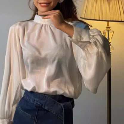 maoxiangshop 2000s fashion Spring and Autumn Korean-Style Fashionable Stand Collar Personalized All-Match Lantern Sleeve Satin Shirt Top for Women