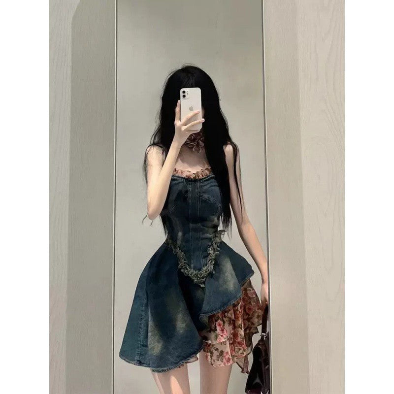 maoxiangshop-shop fall 2024 fashion trends French Style Sweet Hot Girl Tube Top Denim Dress Women's Summer High-Grade Waist Slimming Pettiskirt Small