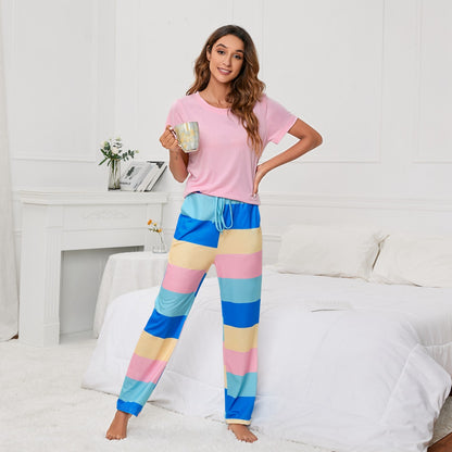 MAOXIANGSHOP 2025Real new products, 2025 New independent stations, solid color round neck T printing striped women's casual cover, loungewear pajamas, women