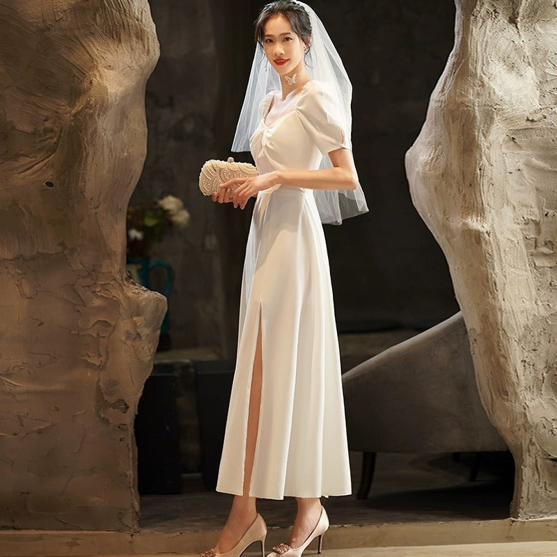 2025 Small white evening dress dress female banquet socialite light temperament engagement dress registration usually wear satin women