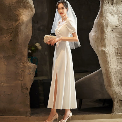 2025 Small white evening dress dress female banquet socialite light temperament engagement dress registration usually wear satin women
