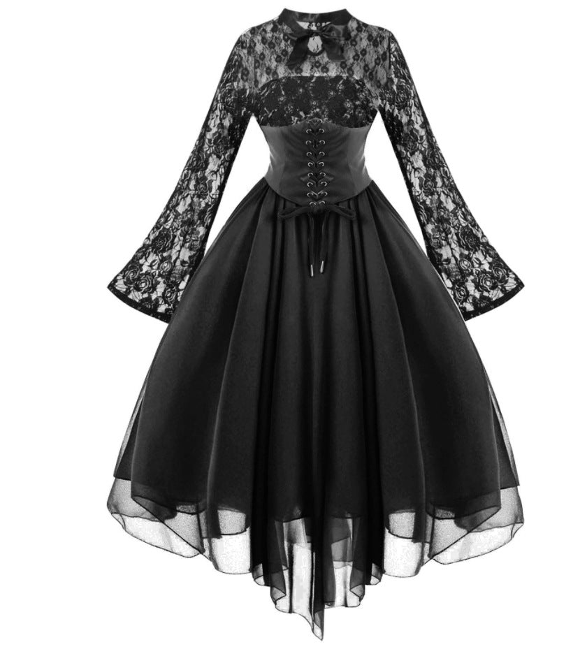 maoxiangshop group halloween costumes New Women's Gothic Style Sexy Dress Lace Stitching Long Sleeve Bell Sleeve Chiffon Dress Court Dress