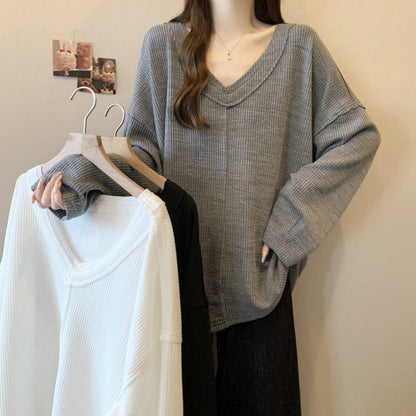 maoxiangshop grunge outfits Plus Size Pit V-neck Long-Sleeved Top for Women 2024 Autumn New Loose Slimming Fashionable Bottoming T-shirt
