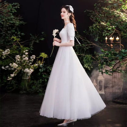 2025 satin white square neck light wedding dress simple atmosphere A style temperament elegant and thin daily wear