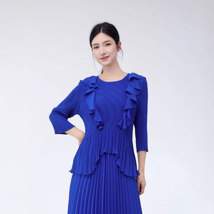 Women's fashionable Popular style top summer new high-end ruffle edge irregular versatile pleated chiffon shirt T-shirt