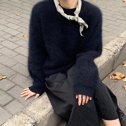 maoxiangshop 2000s fashion Women's Faux Mink Velvet Sweater Autumn and Winter Loose Soft Glutinous Lazy Wind Outerwear Mohair Sweater round Neck Top Thickened