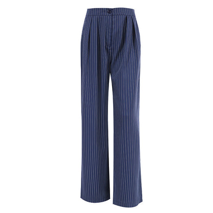 maoxiangshop 2000s fashion Navy Blue Striped Wide-Leg Pants for Women 2024 Autumn and Winter New Casual Suit Pants Draping Trousers for Women