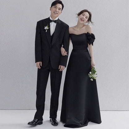 2025 Studio couple photo theme wedding dress high sense retro Hepburn style black satin one-word shoulder light wedding dress