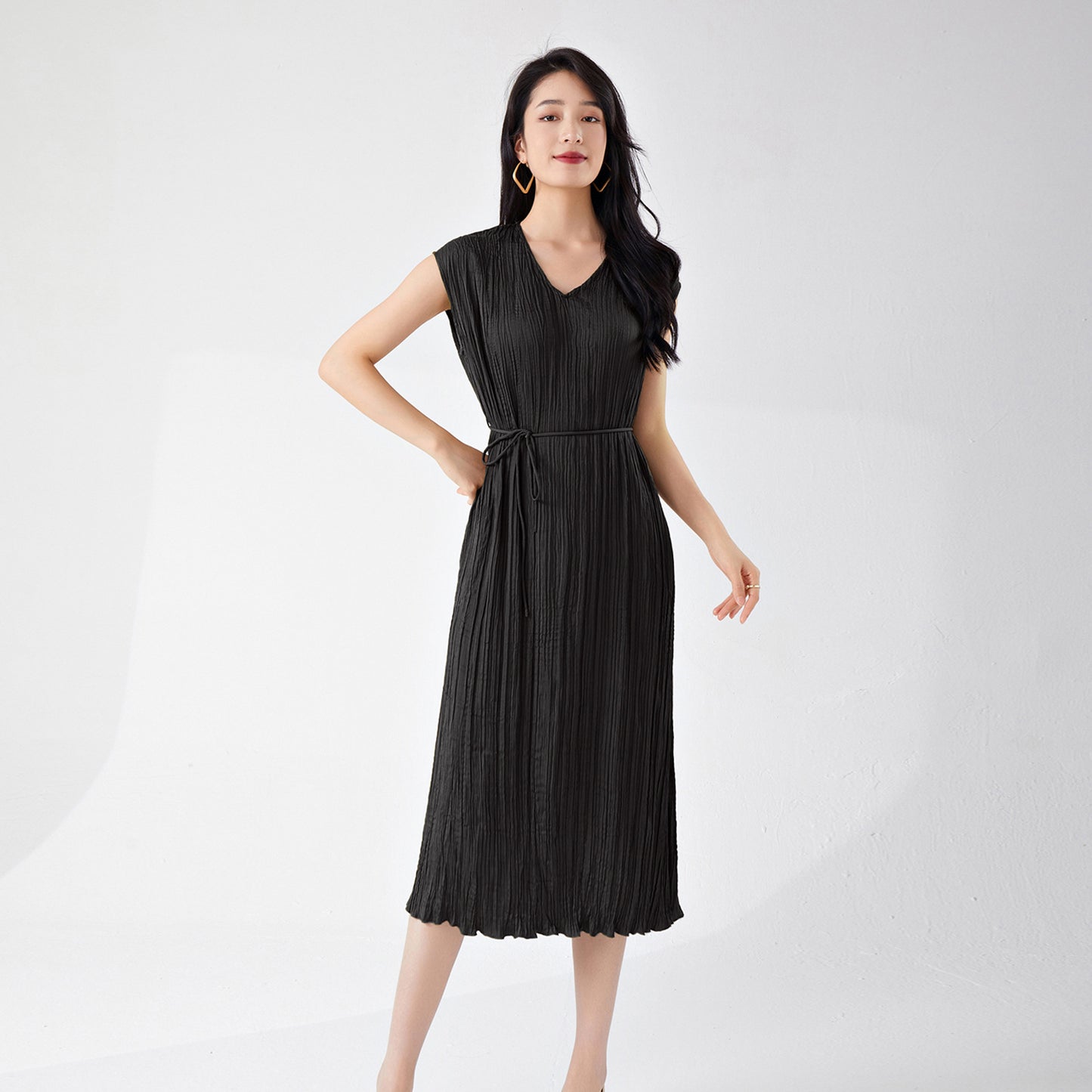 Women's clothing summer high-end wear loose large size lace-up and thin v-neck sleeveless a-word medium and long dress