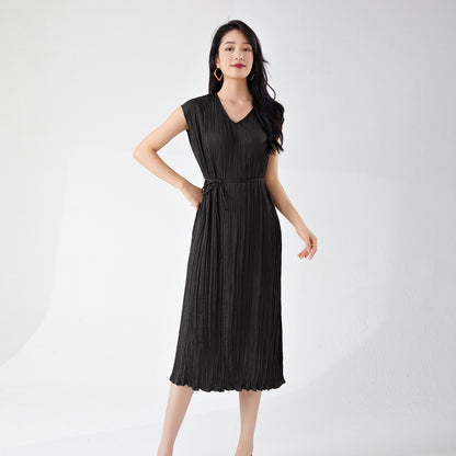 Women's clothing summer high-end wear loose large size lace-up and thin v-neck sleeveless a-word medium and long dress