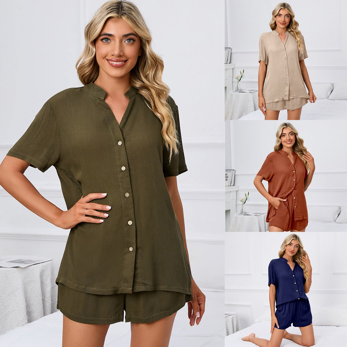 MAOXIANGSHOP 2025Real new products , Popular, 2025 and Popular trade spring and summer solid color V-neck loose button T-shirt shorts home leisure suit