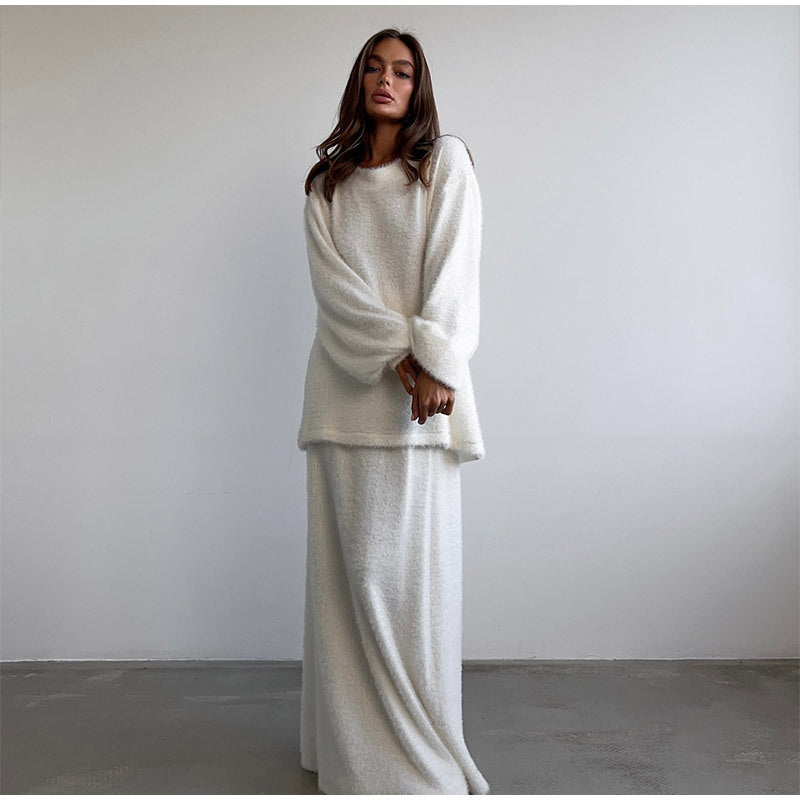MAOXIANGSHOP 2025 Solid color jumper skirt set  New new v-neck knitted lazy eye-catching long-sleeved skirt set
