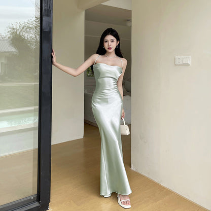 maoxiangshop-shop prom dresses Diagonal Cut Crystal Satin Backless Sling Dress Strap Sexy Slim Dress