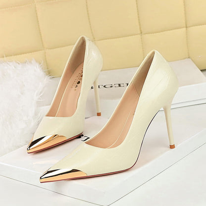 3739-62 2025 banquet shallow mouth women's shoes pointed head thin heel high heels iron head metal decoration super high heel single shoes