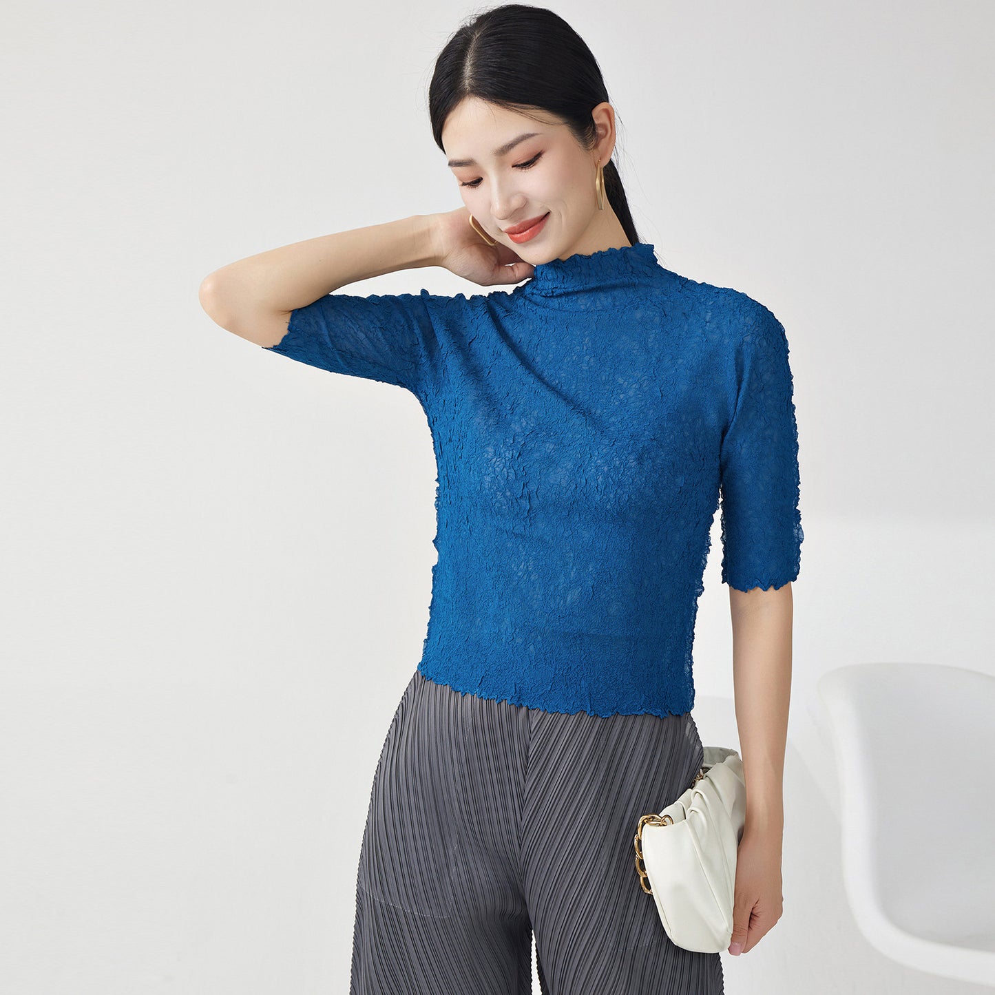 2025 Nanyou high-end women's clothing female slim temperament semi-turtleneck five-quarter sleeve versatile bottoming shirt  T-shirt top