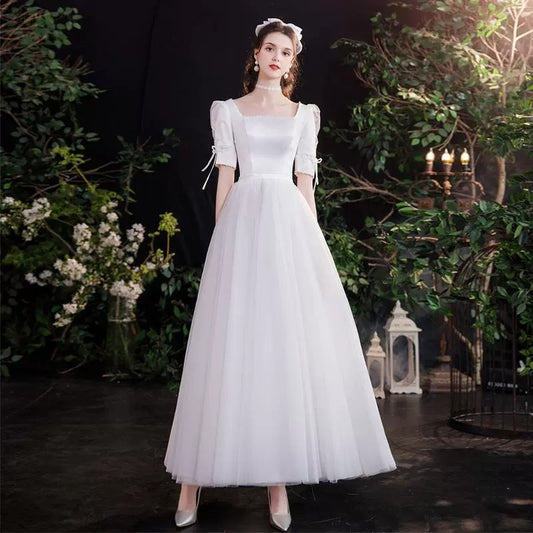 2025 satin white square neck light wedding dress simple atmosphere A style temperament elegant and thin daily wear