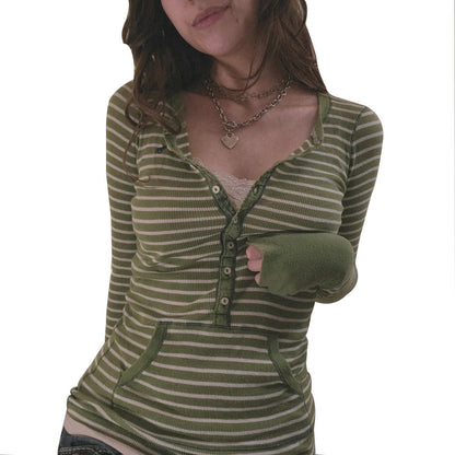 maoxiangshop outfit inspo Autumn and Winter Single-Breasted Knitted Striped Long-Sleeved T-shirt Deep V-neck Hot Girl Tight Sexy Top Female
