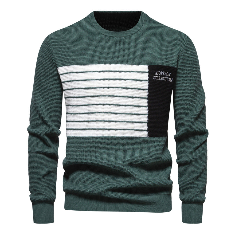 MAOXIANGSHOP 2025 Autumn new sweater men's striped splicing long-sleeved men's knitted sweater round neck trendy men's casual sweater