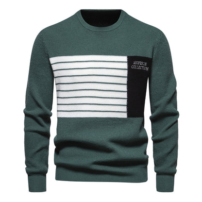 MAOXIANGSHOP 2025 Autumn new sweater men's striped splicing long-sleeved men's knitted sweater round neck trendy men's casual sweater