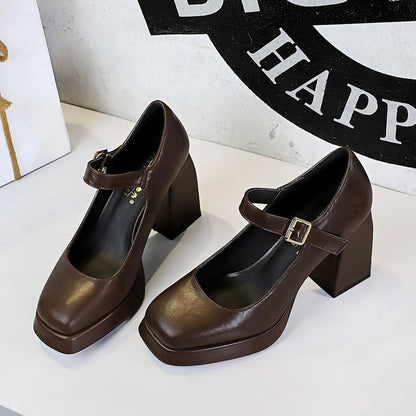 9613-1 Retro 2025 style thick heel square heel high heel waterproof table square head shallow mouth belt buckle one word belt single shoe women