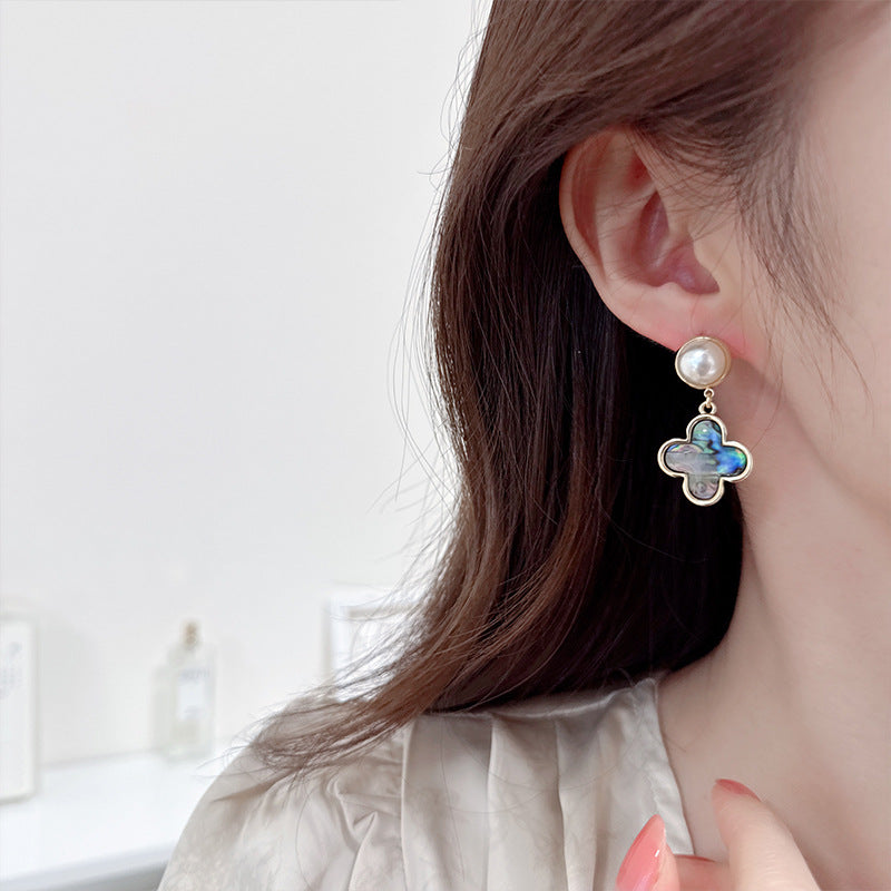 2025 retro colorful abalone shell lucky grass pearl earrings s925 silver needle niche high-end court style earrings