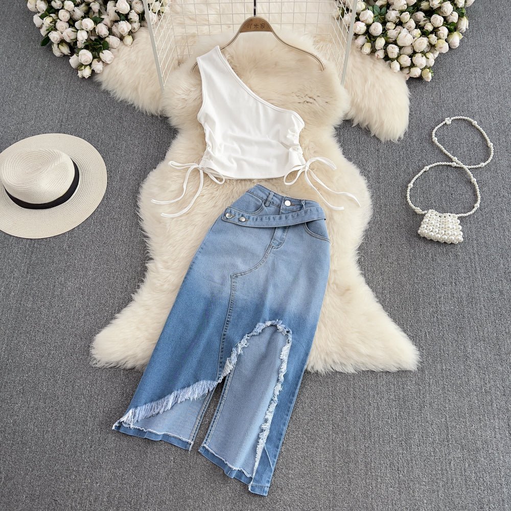 maoxiangshop business casual outfits woman Fashion Suit Women's Hot Girl off-Shoulder Slim-Fit Short Top Two-Piece High Waist Split Denim Skirt Summer