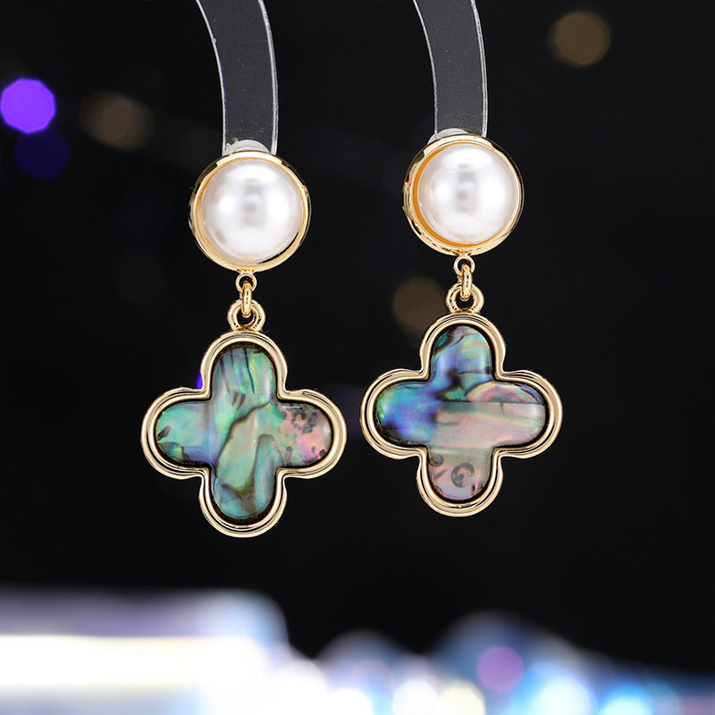 2025 retro colorful abalone shell lucky grass pearl earrings s925 silver needle niche high-end court style earrings