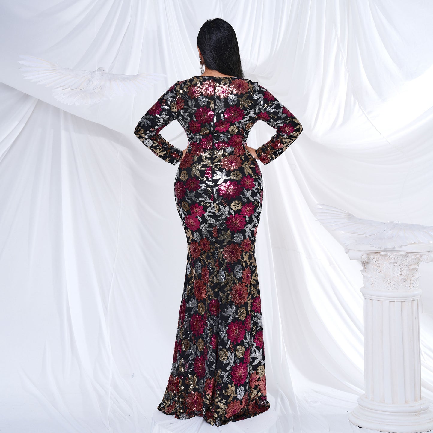 2025 Popular trade Popular,  and the United States fat mm large size women's clothing long-sleeved round neck banquet sexy sequined evening dress dress