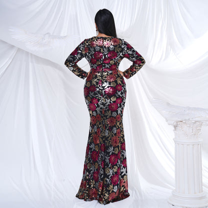 2025 Popular trade Popular,  and the United States fat mm large size women's clothing long-sleeved round neck banquet sexy sequined evening dress dress