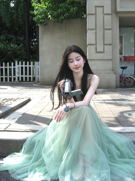 Two-piece art raw green slim-fit suspender dress women's high-end waist fairy banquet dress long dress
