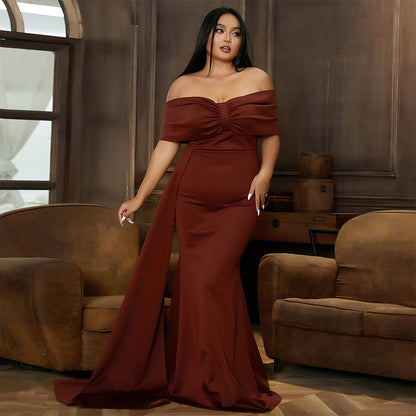 2025 [Not in stock, do not shoot] Women's long one-word collar banquet sexy hip wrap fish tail evening dress dress women